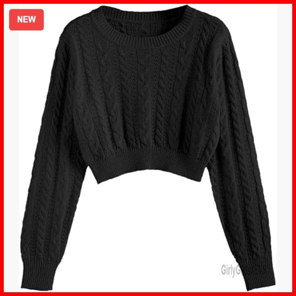 Crew Neck Cropped Pullover Sweater, Ribbed Knit, Lantern Sleeves, Slim Fit